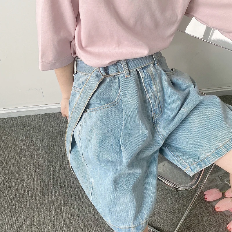Japanese Retro Straight Denim Shorts Men And Women Neutral Loose Tide Brand Wide-leg Belt Tooling Men Five-point Pants