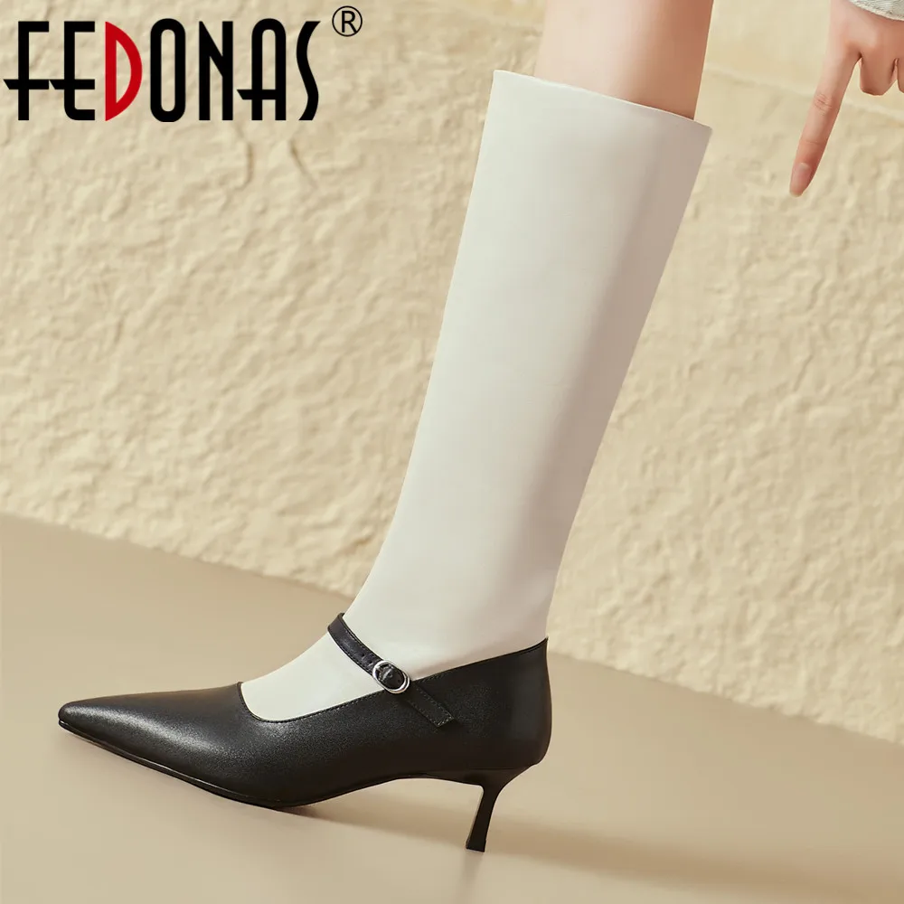 

FEDONAS/женские сапоги до колена на тонком высоком каблуке из натуральной кожи; Разноцветные офисные Женская рабочая обувь с острым носком; Сезон осень-зима