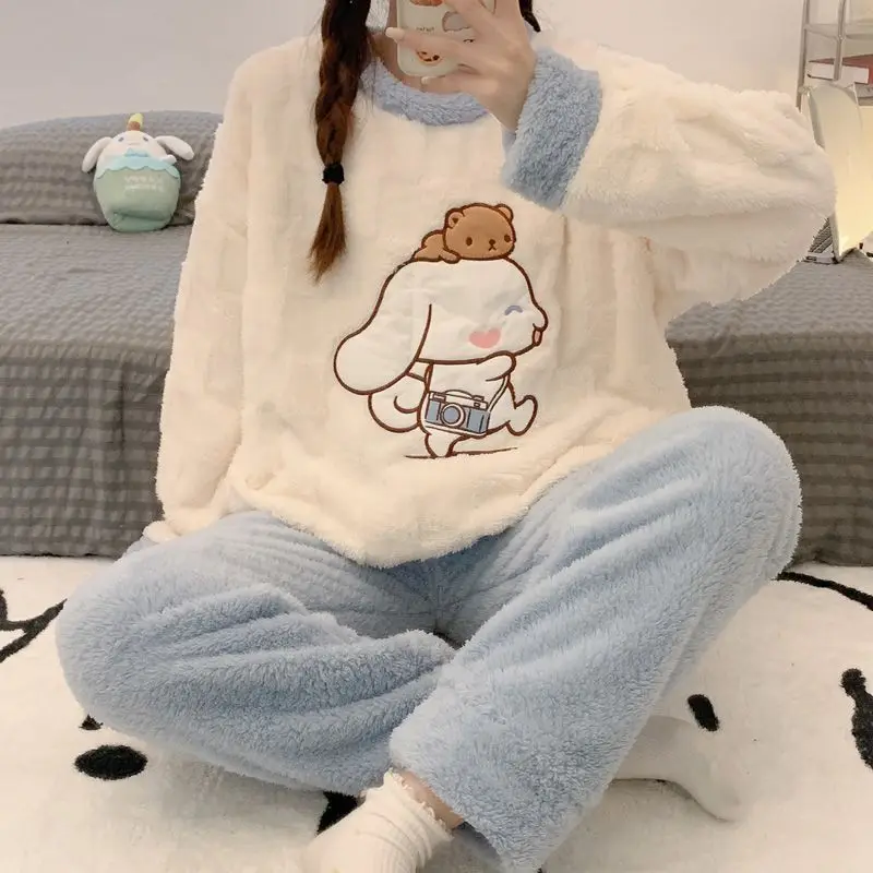 

Sanrio Sleep Tops Cartoon Winter Sleepwear Women Kawaii Cinnamoroll Women's Sleep Coral Fleece Pajama Sets