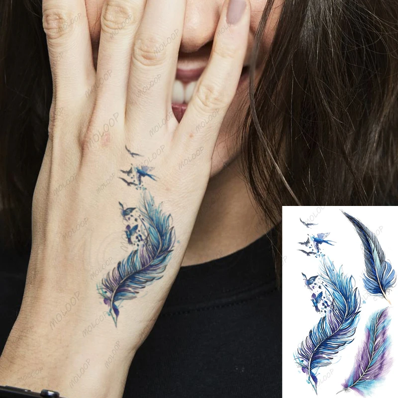 

Tattoo Stickers Blue Color Feather Bird Tattoos Waterproof Temporary Hand Arm Body Art Sexy Fake Tatoo for Women Men