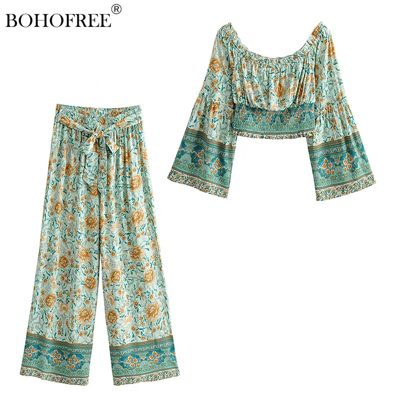 

Женский винтажный комбинезон в стиле бохо, длинные брюки и блузы из вискозы и хлопка с цветочным принтом, повседневный пляжный комбинезон, о...