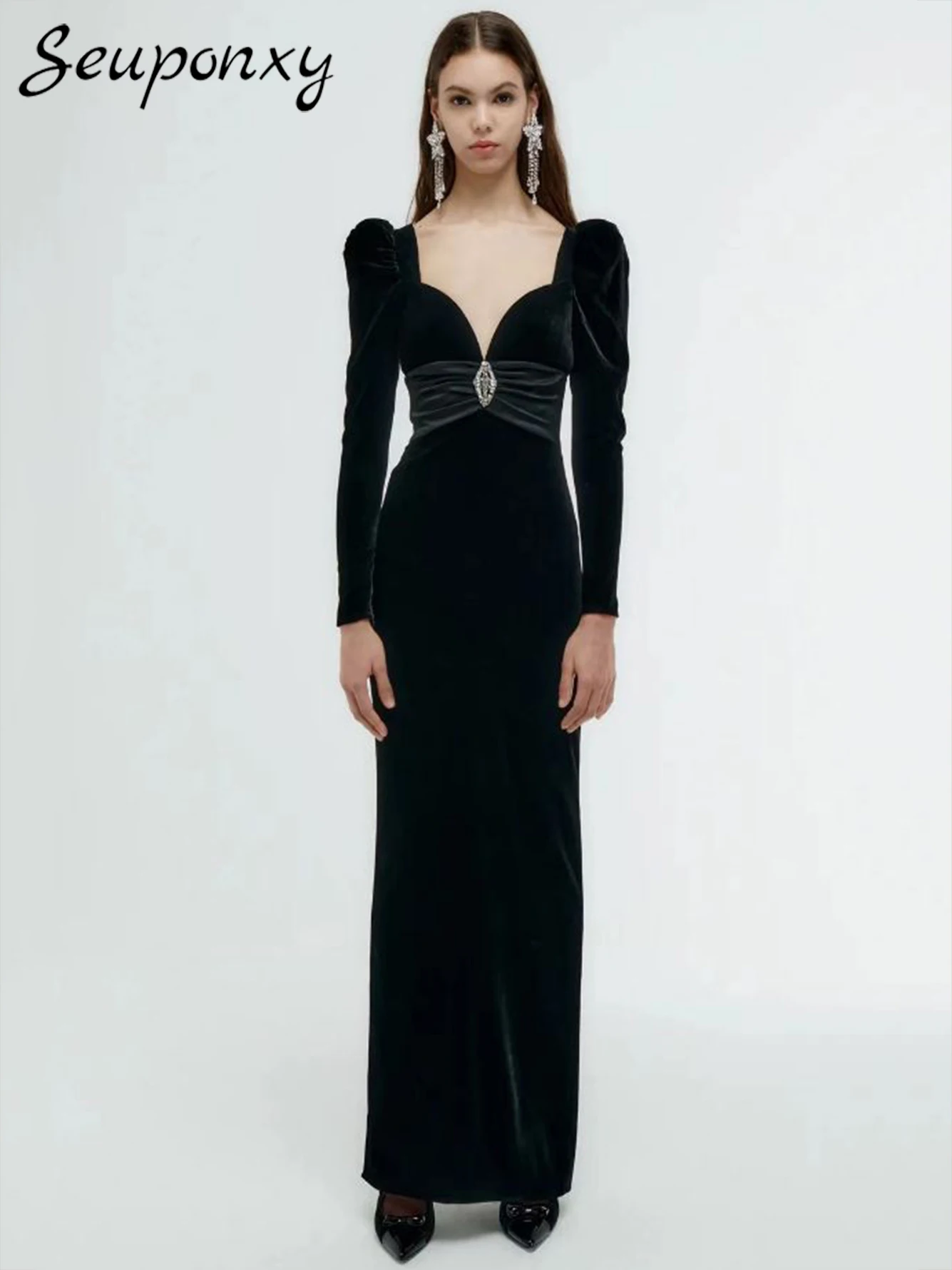 High Quality Women'S 2023 Winter Sexy V-Neck Puff Sleeve Diamond Black Velvet Long Dress Elegant Evening Celebrity Party Dress