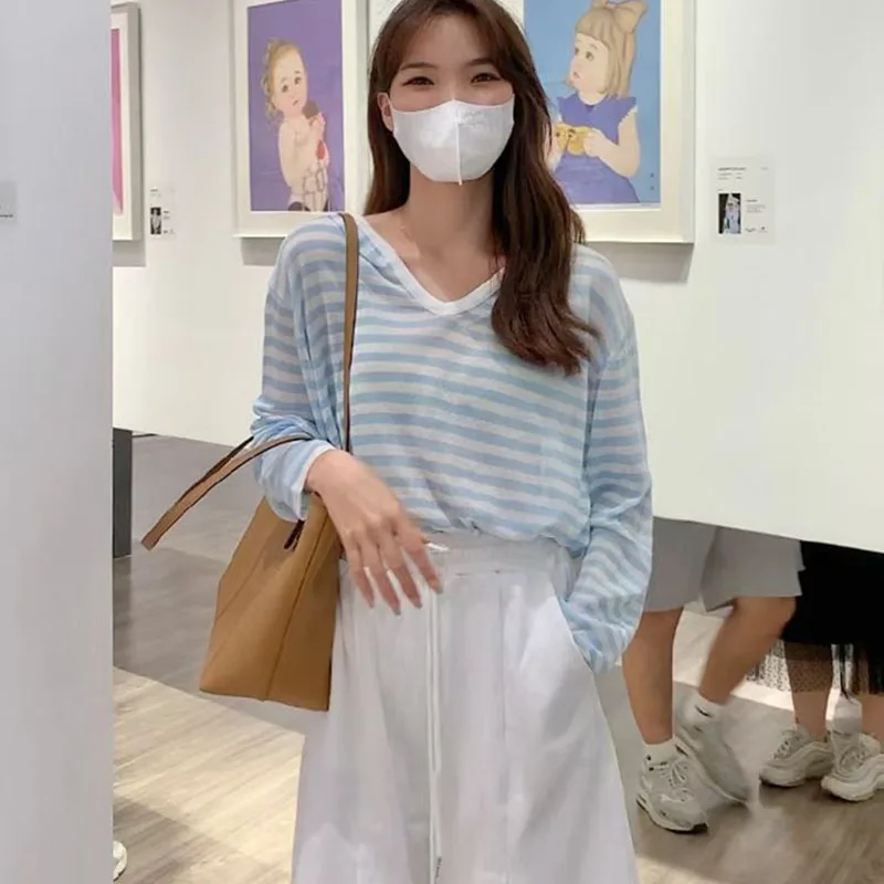 

Women Oversize Hooded Summer Ice silk Knitted Striped Pullovers Tops Loose Casual Long Sleeve Tops With Hood Female