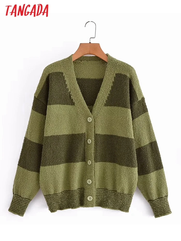 

Tangada women warm thick green striped cardigan vintage jumper 2022 female knitted cardigan 3A109