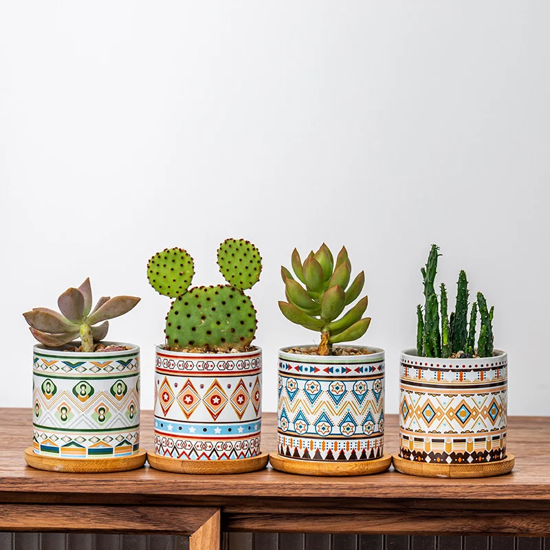 

Succulent Plant Flower Pot Geometric Pattern Ceramic Planter Pot For Flowers Decor Indoor Garden Flowerpot Ornament Tray Pots