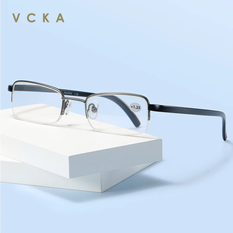 

VCKA Half Frame Reading Glasses Women Men Square Alloy Presbyopia Anti Blue Light Spectacle Eyewear Diopter +1.0 to +4.0