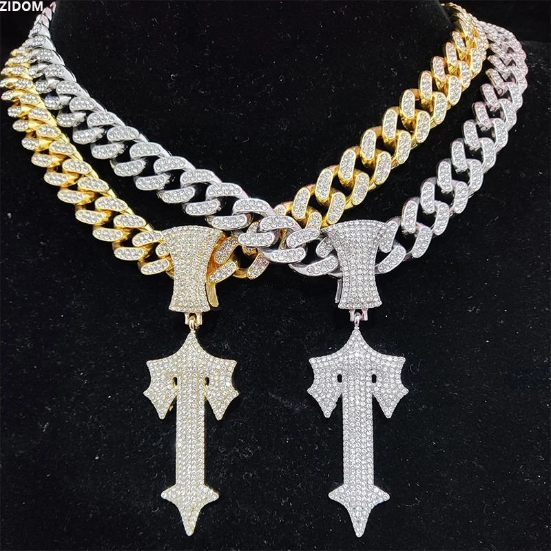 

TopBling Hip Hop Letter Iced Out Cross Sword Necklaces with 13mm Cuban Chain HipHop Pendant Necklace Fashion Charm Jewelry