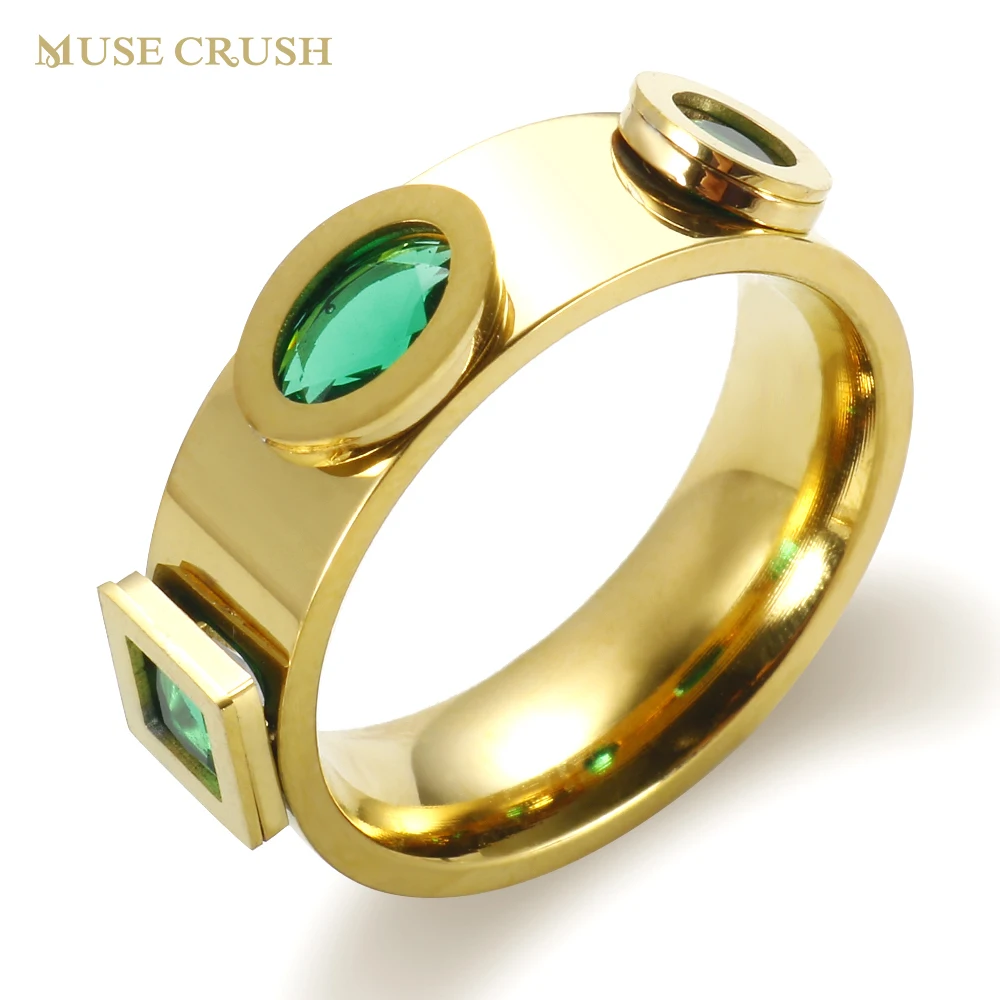 

Muse Crush Luxury CZ Rings for Women Stainless Steel Emerald Cubic Zirconia Finger Ring Crystal Wedding Ring Party Jewelry Gift