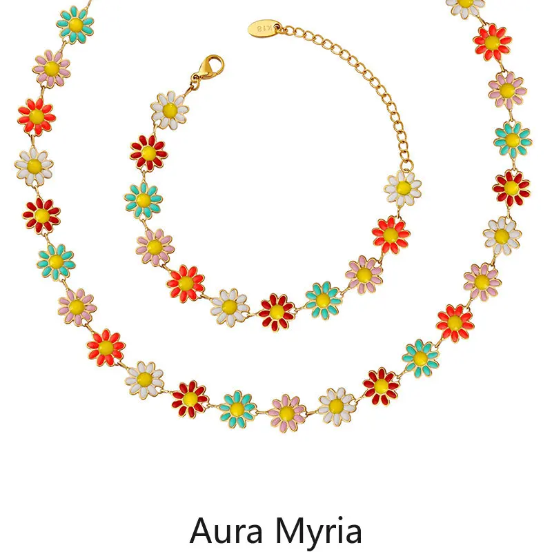 

Sweet Stainless Steel Flower Charm Choker Necklace for Girls Golden Colorful Enamel Chain Necklace Women Female Party Jewelry