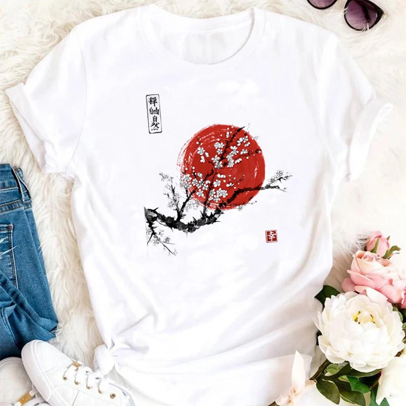 

New Sakura Plum Cute T-shirt Women's Summer New White Casual Short Sleeve T-shirt Women's Kawaii Street T-shirt