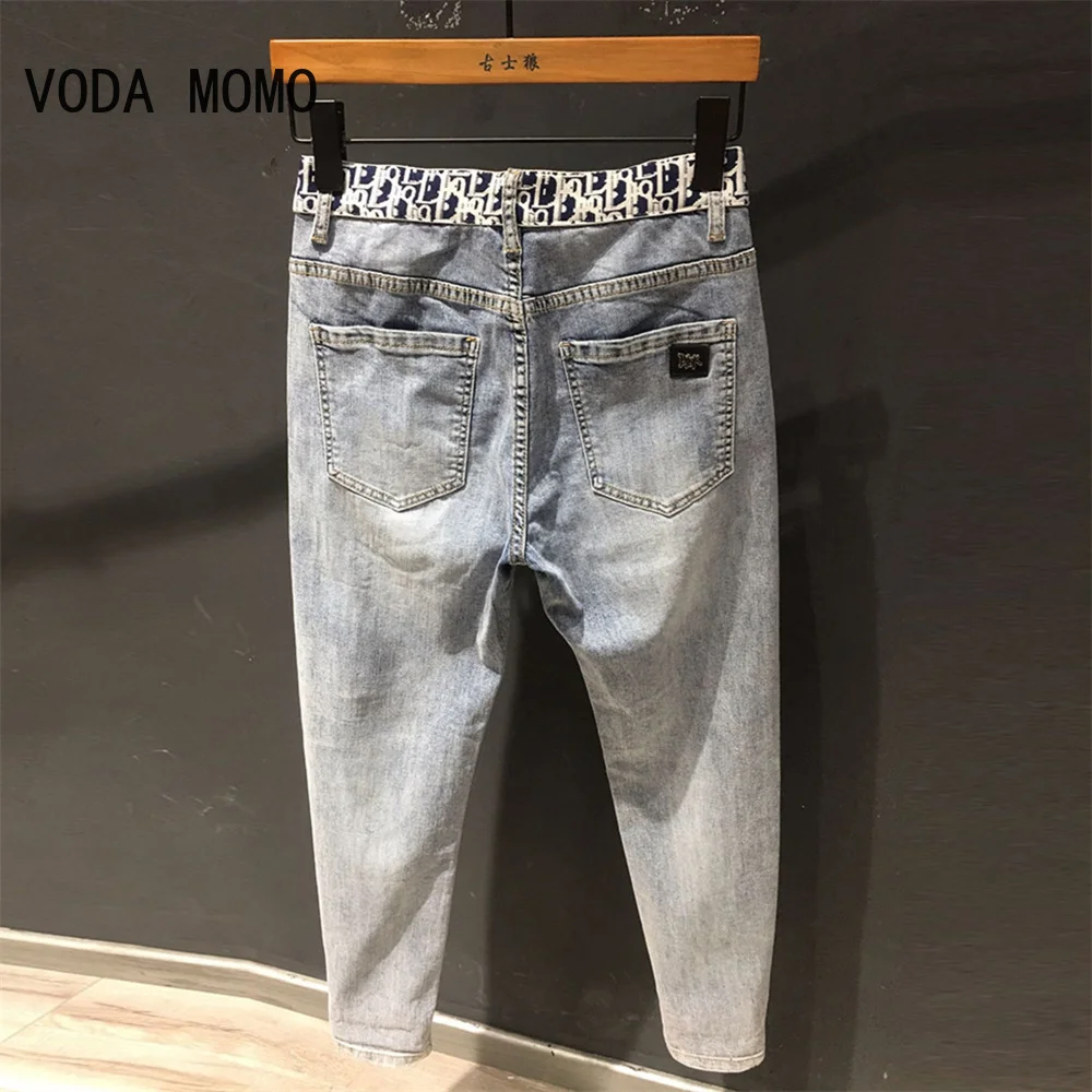 Ripped Denim jeans 2022 men's trendy brand loose summer thin elastic feet pants men's Korean harem teenagers cropped pants