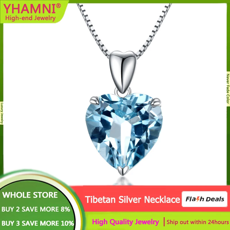 

YHAMNI Romantic Heart 5 Carat Baby Blue Artificial Sapphire Necklace High Quality Tibetan Silver Jewelry for Pendant Necklace
