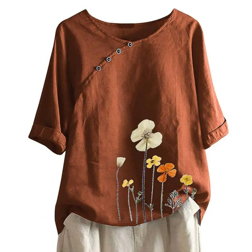 

Shirt Buttons Decor Vintage Blouse Summer O-Neck Half Sleeve Shirt Buttons Decor Thin Loose Fit Flower Print Retro Shirt Top