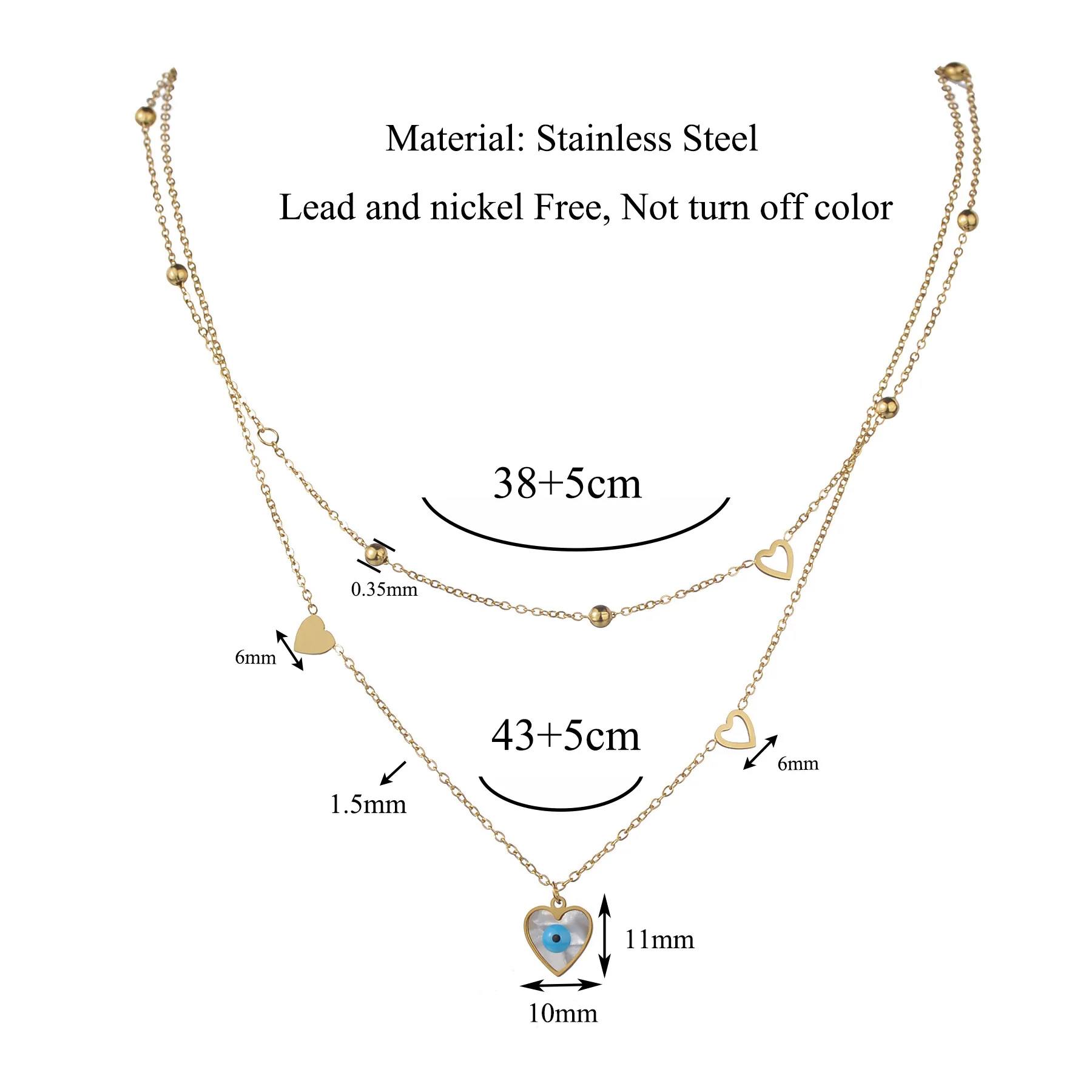 Gold Color Layered Women Necklace Stainless Steel Link Love Heart Pendant Trend Fine Jewelry