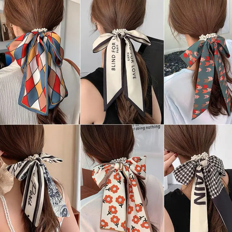 

Women Silk Scarf Headband Print Floral Pearl Hair Band Skinny Ribbon Scarf Bag Wrist Bandana Girl Waist Popular Elastic HairBand