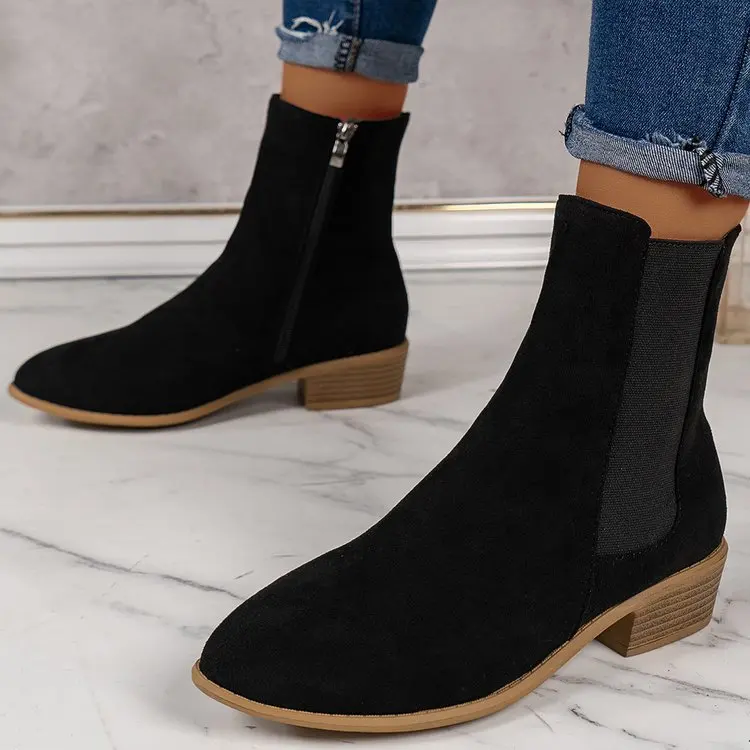 

Ladies Ankle Boots Faux Suede Solid Color Point Toe Short Booties Thick Heel Elastic Shoes with Side Zipper Slip-on Flats