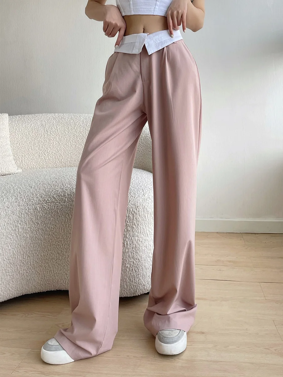 

Модные ярко-розовые повседневные женские брюки TVVOVVIN с завышенной талией для девушек, свободные прямые брюки с широкими штанинами GKM4