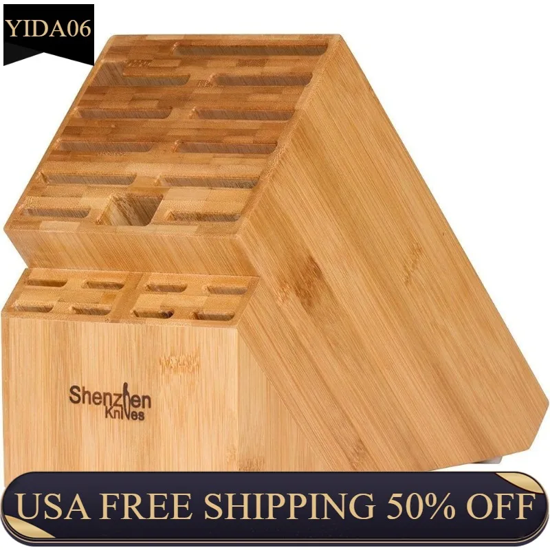 

20 Slot Universal Knife Block: Shenzhen Knives X-Large Bamboo Wood Knife Block without Knives - Countertop Butcher Block Knife