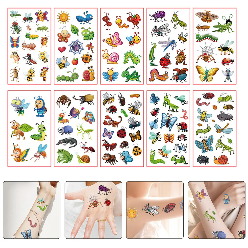 

10 Sheets Tattoo Stickers Insect Cartoon Face Temporary Tattoos Party Supply Accessories Paper Adorable Fake For huasa dress