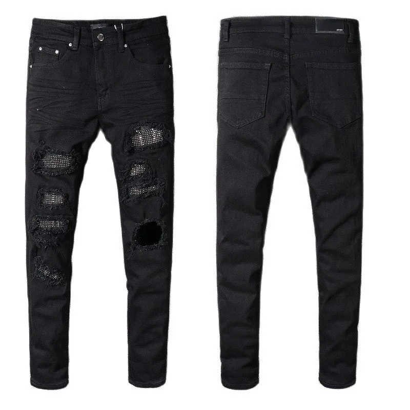 

Slim Black Fit Distressed Streetwear Korean Style Damage Holes Skinny Stretch Rhinestone Ribs Patches Ripped Jeans Men 2023