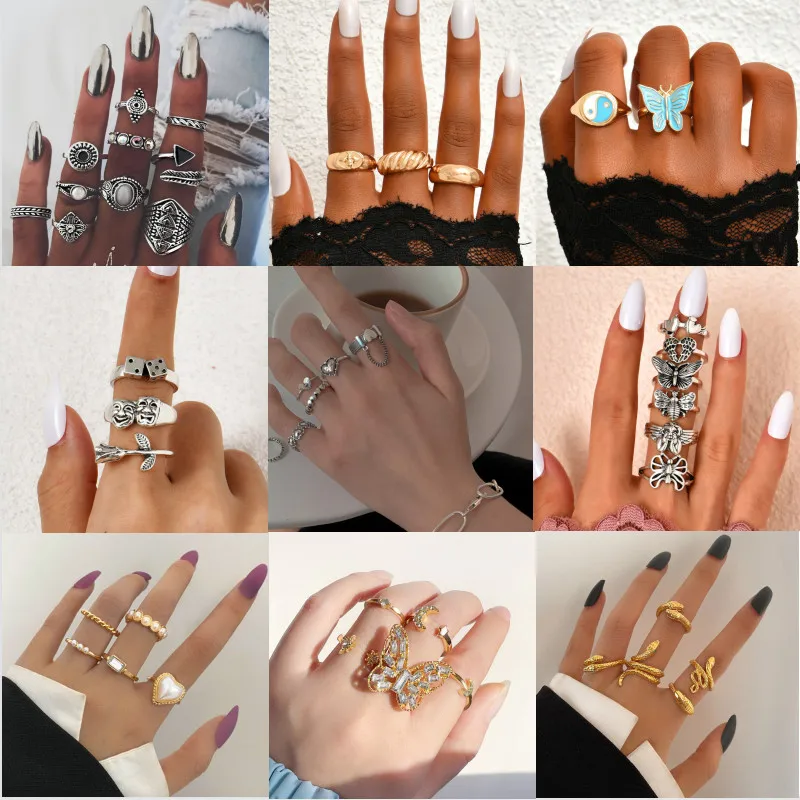 

Personality Ring Insect Rhinestone Butterfly Vintage Moon Heart Pearl Creative Joint Rings Jewelry