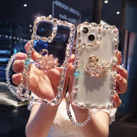 phone case luxury crystal for iphone 13 12 11 transparent protective cover with drill for iphone 13 11 pro max with wrist chain