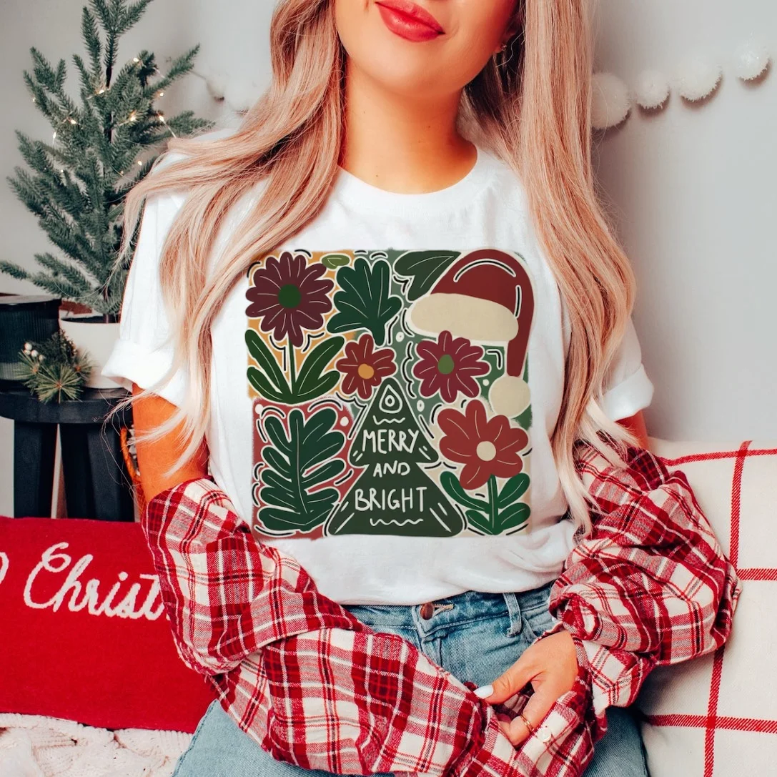 Printed Pattern Watercolor T-Shirt Polyester White Short Sleeved Women's Top Christmas Tree Fashionable Casual Cartoon Clothing