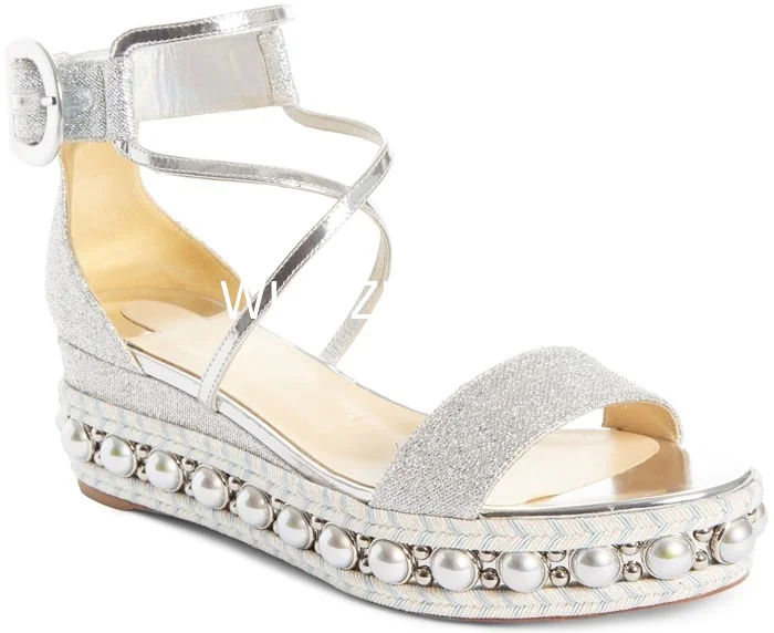 Women Silver Shiny Sequins Wedge Flat Sandals Platform Open Strap Espadarille Gladiator Metal String Bordered Summer Casual Shoe