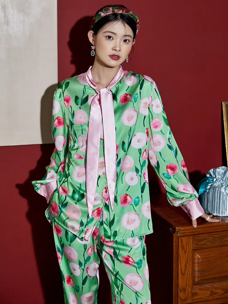 Pastoral print high-quality ice silk long-sleeved trousers women clothing sets summer plus size pijamas women