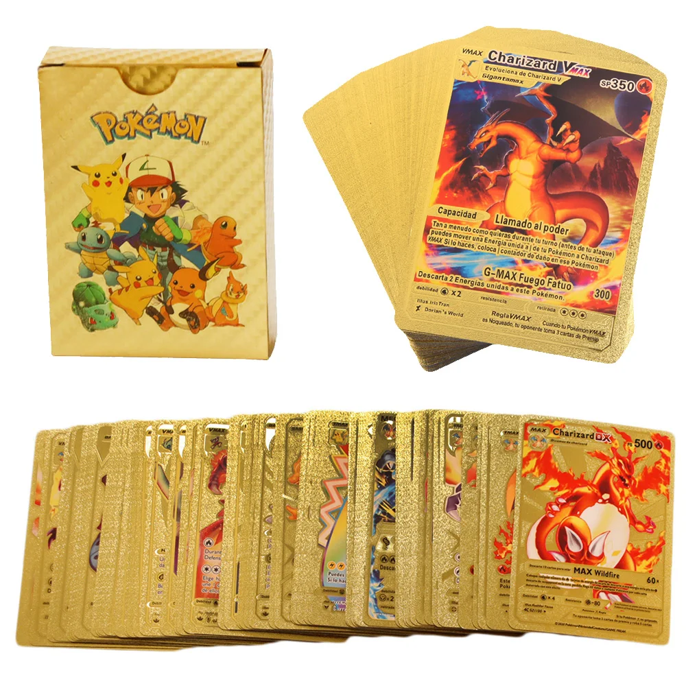 

Pokemon Metal Gold Foil Card Box Golden Letters English Spanish Playing Metalicas Charizard Vmax Gx Game Card Case Toy