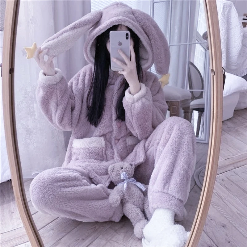 QWEEK Bunny Hooded Women's Pajamas Winter Kawaii Sleepwear Warm Pijama Female Set Woman 2 Pieces Pyjamas Nightwear Girl Pjs Suit