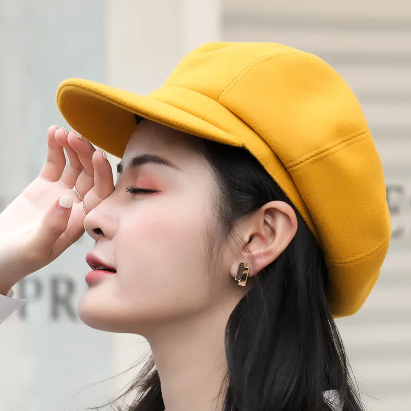 

2022 Всесезонная универсальная Корейская версия Кепка с козырьком шерстяная восьмиугольная кепка женский берет однотонная Кепка с бутонами ...