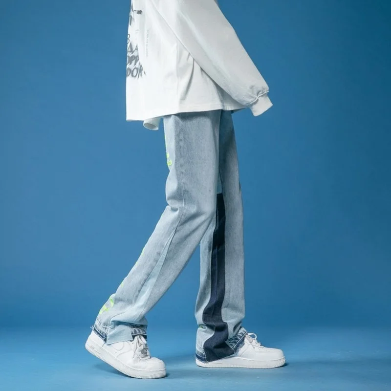 American High Street Jeans Men's Straight Pants Men's Ins Korean Alphabet Printing Trend Clown Casual Floor Pants