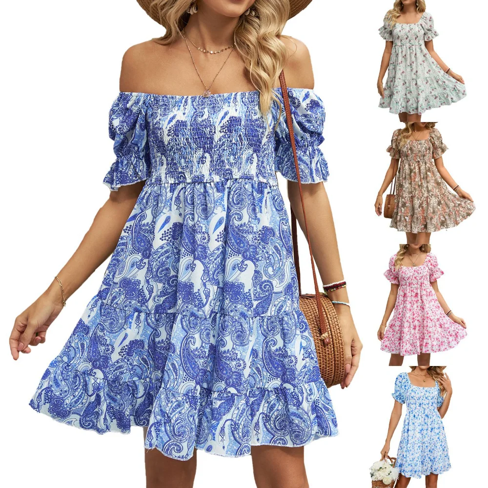 

2023 Summer Square Neck Printed Chiffon Loose Short Sleeve Maxi Dress for Women
