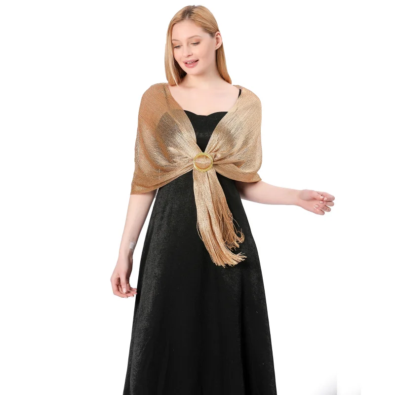 

Elegant Evening Dresses Shawls Female Golden Silvery Wire Tassels Bridal Bridesmaid Party Wedding Temperament Accessories Scarf