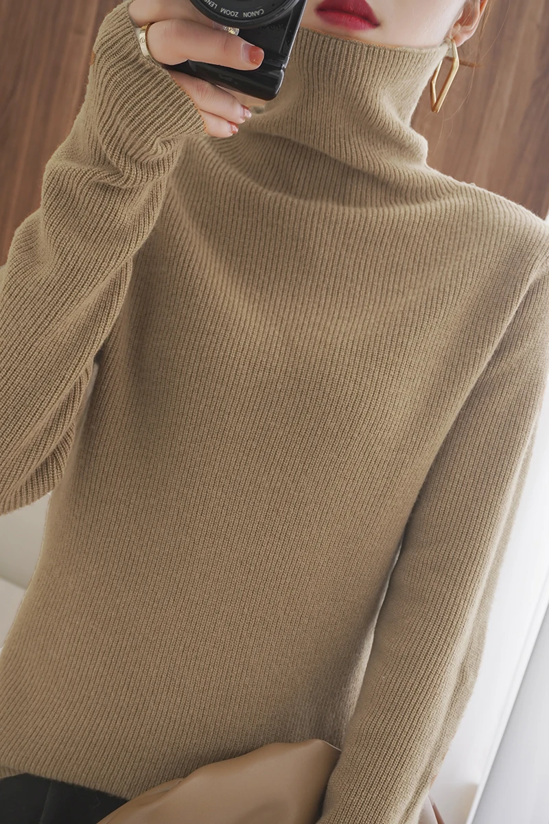 

ANNIDAIBEI High end cashmere knitted pullover women's long sleeved loose with a lazy high neck sweater coat