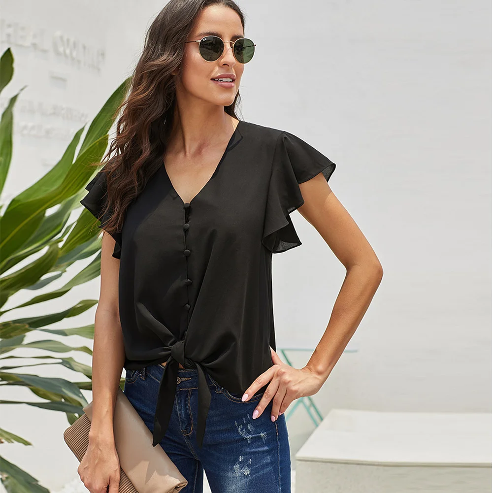 

Chiffon Shirt Women's Summer New Loose V-neck Button Tie Sleeveless Flying Sleeve Casual Top trendy clothes for women tshirt