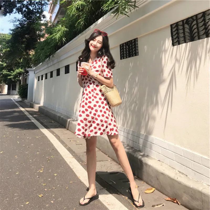 

Summer Strawberry Dress Korean Fashion Kawaii Woman High Waist Dress 2021 New Loose Slim Push Up Hip Costume Casual Streetwear