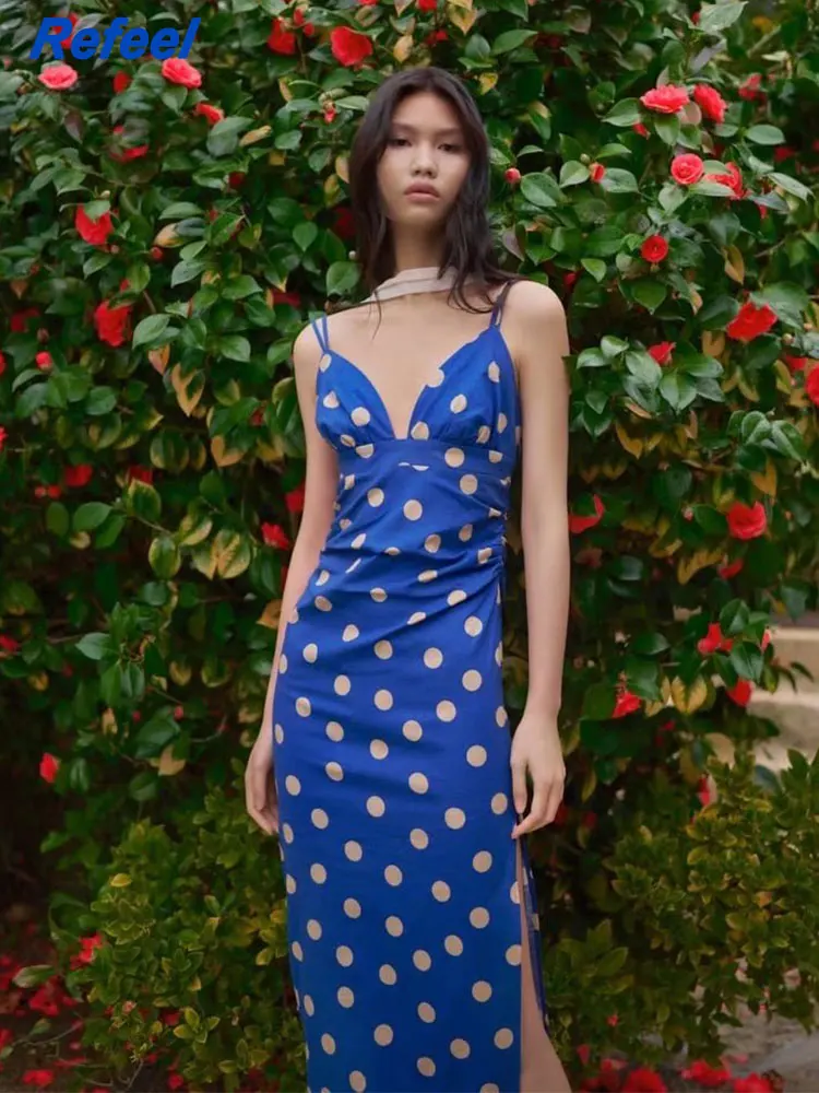 

Summer women fashion strap dress new elegant dot printed deep v-neck sleeveless backless female mid-dress outwear 22604
