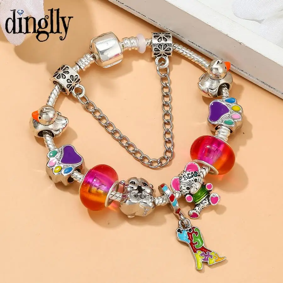 

DINGLLY Dogs & Ducks Charm Bracelets For Women DIY Multicolor Stuffed Bears Footprints Beads Silver Color Bangle Jewelry Gifts