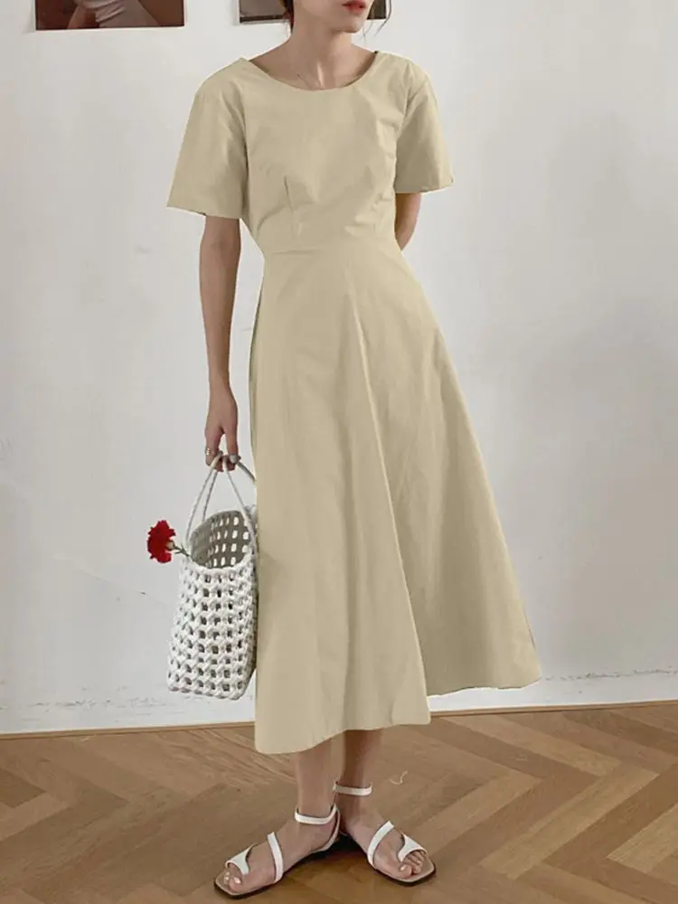 

Short Sleeve O-Neck Drawstring Ladies Sundress ZANZEA Women Summer Solid Backless Dress Korean Casual Elegant Holiday Dreses