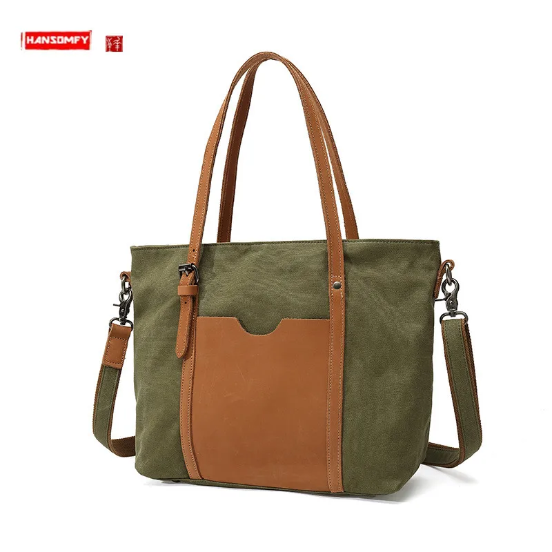 Casual Women's Handbag Ladies Tote Bags Waterproof Canvas Diagonal Package With Top Layer Leather Solid Color Shoulder Bag