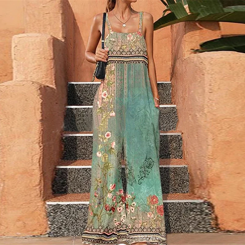 

Summer Sleeveless Pattern Print Long Jumpsuits Elegant Casual Off Shoulder Wide Leg Romper New Pockets High Waist Loose Overalls