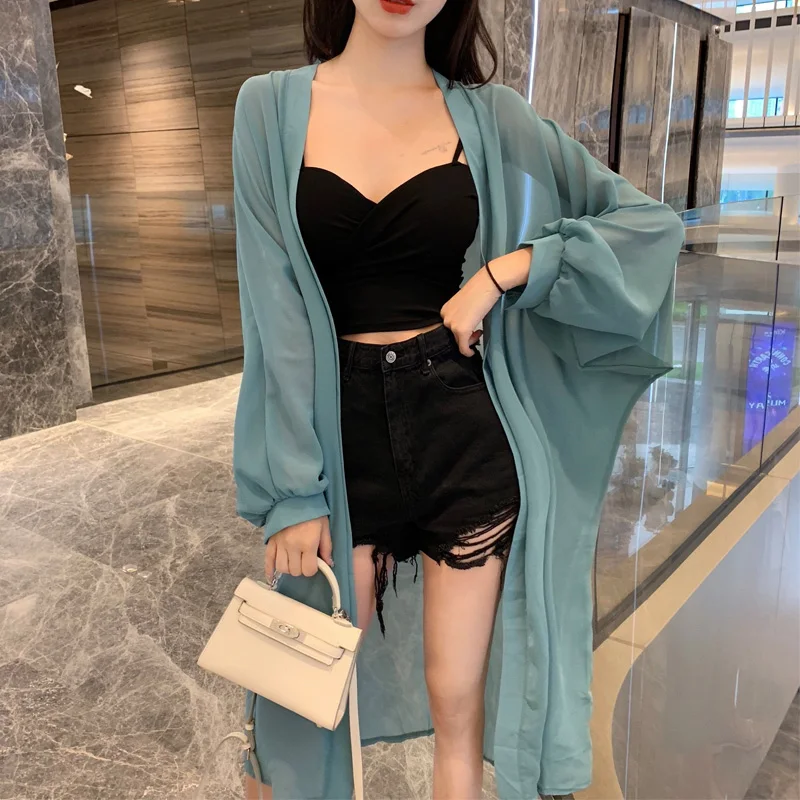 

Summer New Bubble Sleeve Sunscreen Coat Solid Loose Medium and Long Chiffon Cardigan Top Tees Fashion Elegant Women Clothing