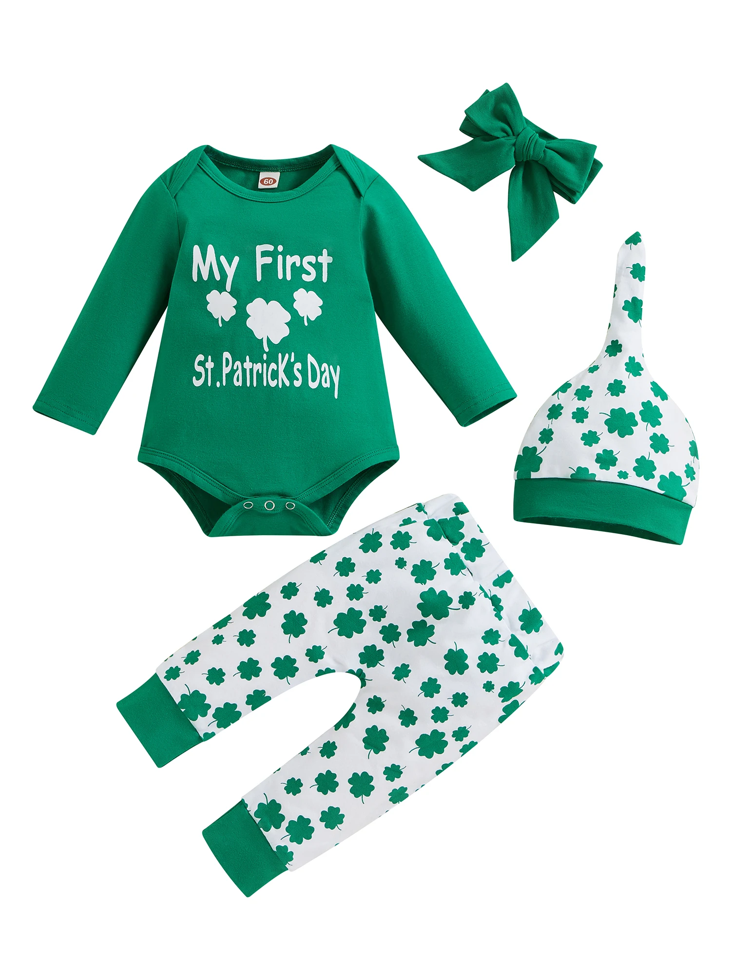 

My First St Patricks Day OurfitNewborn Baby Girl Shamrock Letters Romper Ruffle Clover Print Shorts Headband Set