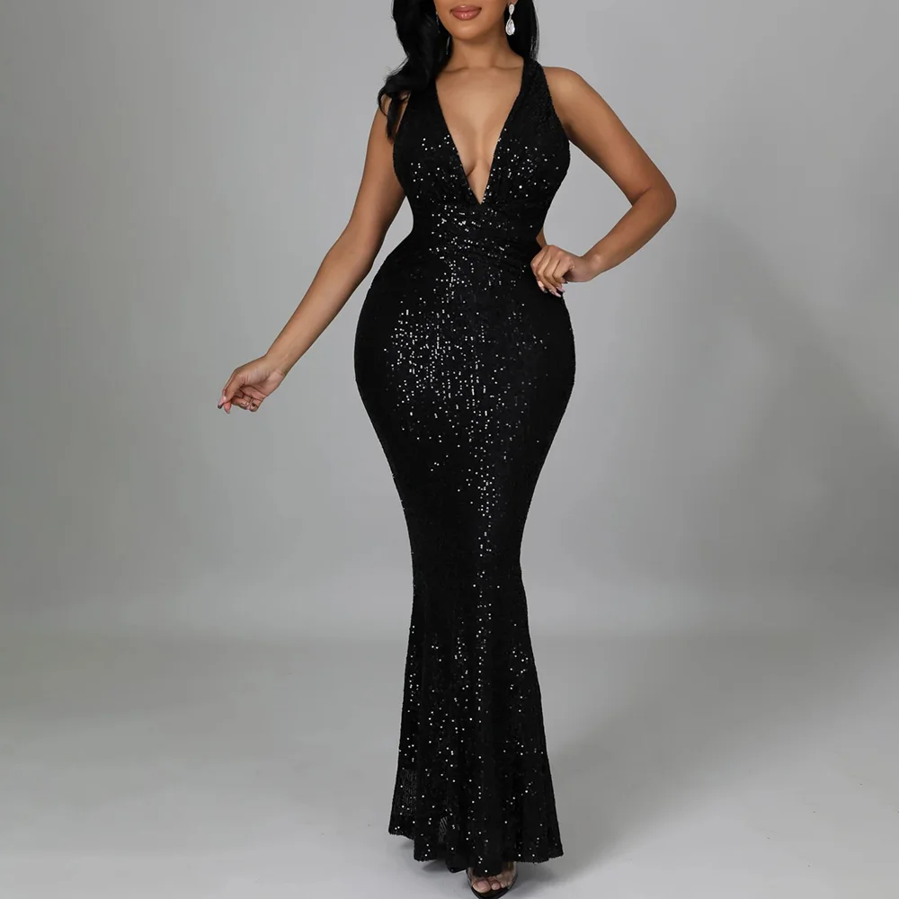 

Sequins Evening Party Dresses Women Black Sexy Deep V Neck Sleeveless Plain Cocktail Formal Clothing Elegant Female Long Dress
