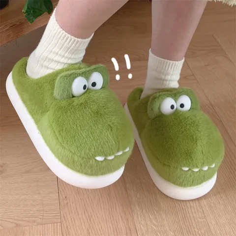 Zapatos de invierno con divertidos cocodrilos pantuflas cálidas y cómodas de felpa para mujer con puntera suave y plataforma con piel