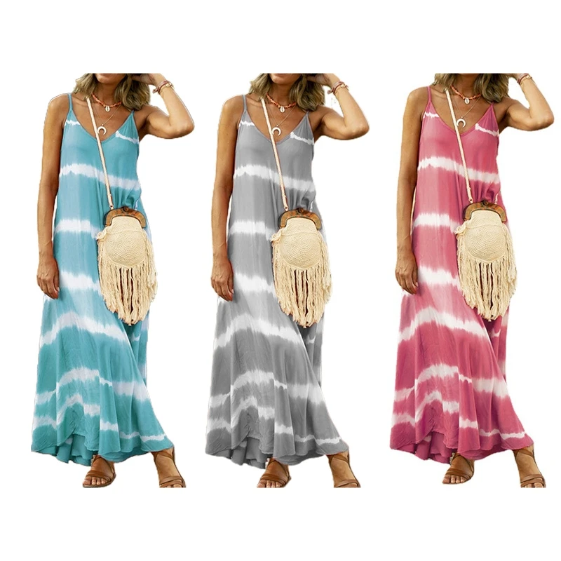 

Womens Sleeveless Maxi Long Cami Dress Boho Gradient Striped Print Sexy V-Neck Backless Flare Flowy Hem Loose Sundress