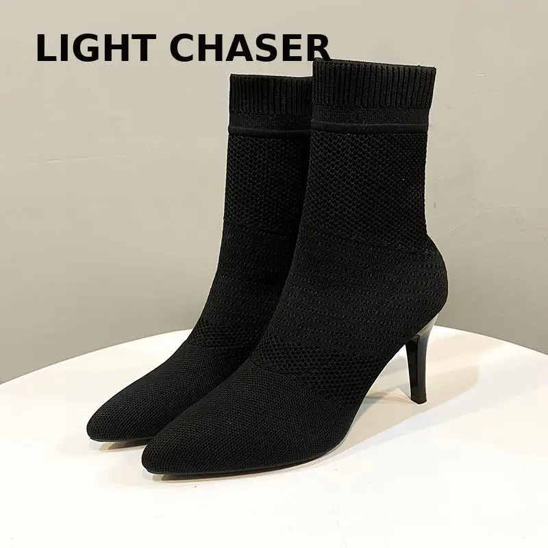 Autumn And Winter Women's High Heels, Knitted Elastic Female Boots, Checisle Ankle Boots Breathable Fashion Female Dress Shoes