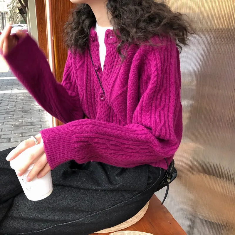 

Autumn Winter New Korean Sweet Knitted Sweater Cardigan Women Thick Loose Short Jacket 2020 Fashion Sweaters Woman Purple White